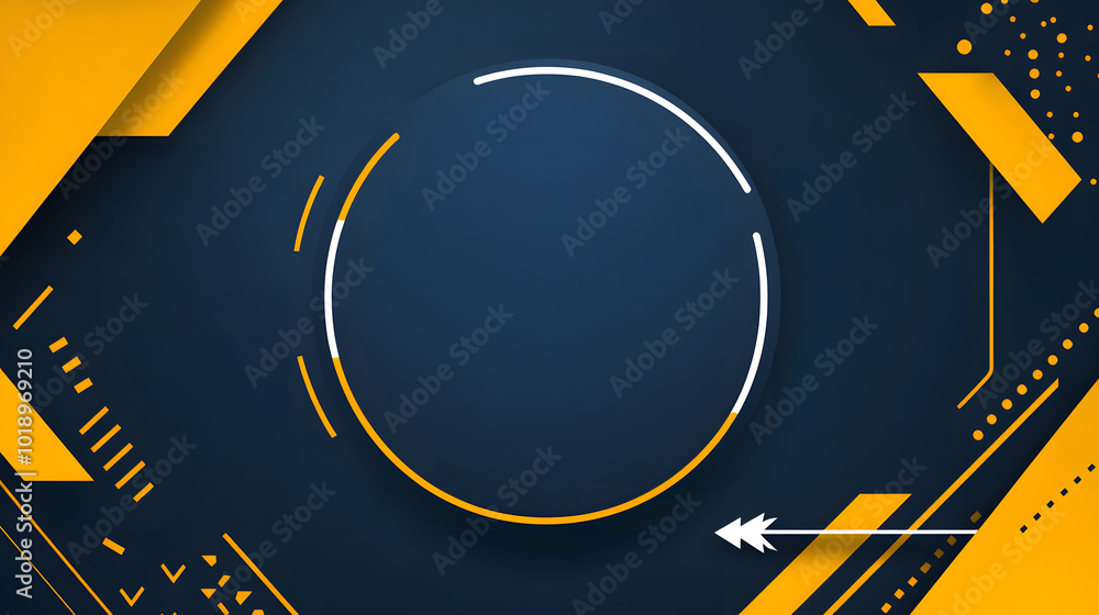 Poster blue and yellow background design with a blank white circle for text, arrows around the edge of the 