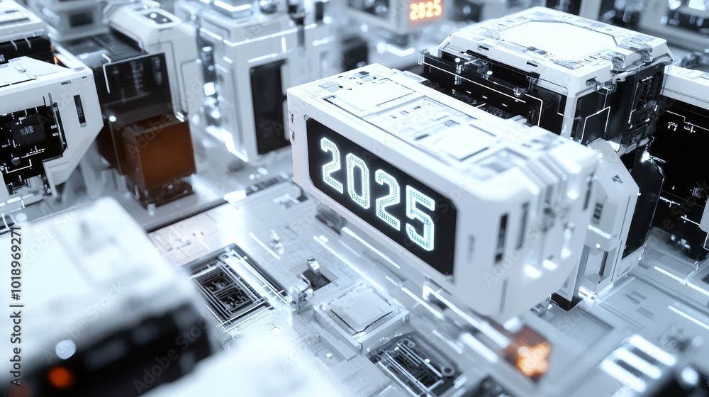 Poster a futuristic digital landscape featuring interconnected devices and a prominent display showing the 