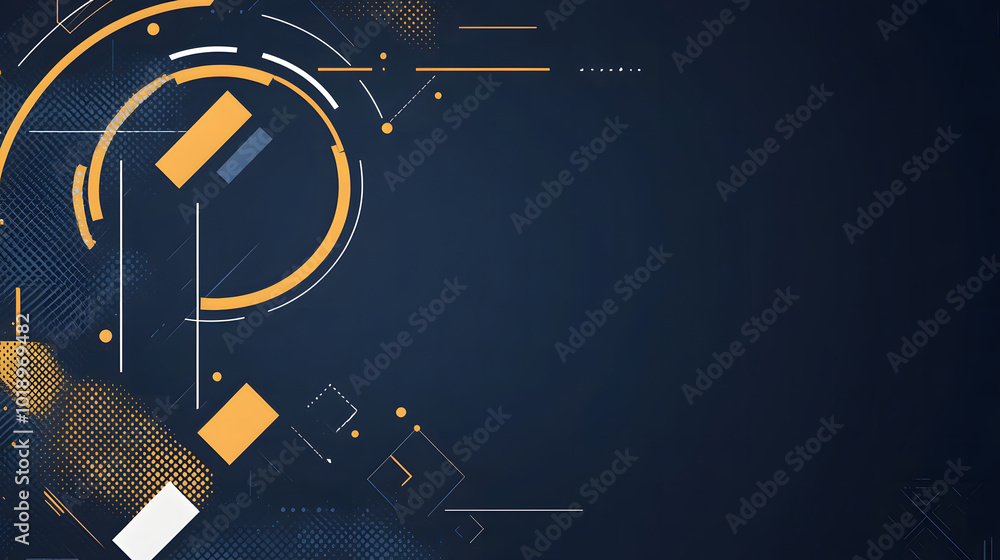 Poster blue and yellow background design with a blank white circle for text, arrows around the edge of the 