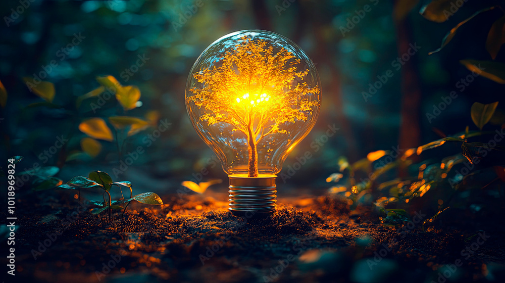 Wall mural a green tree grows out of a bulb as an eco concept. generative ai