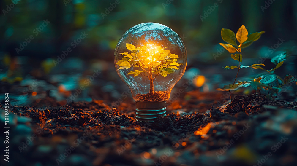 Sticker a green tree grows out of a bulb as an eco concept. generative ai