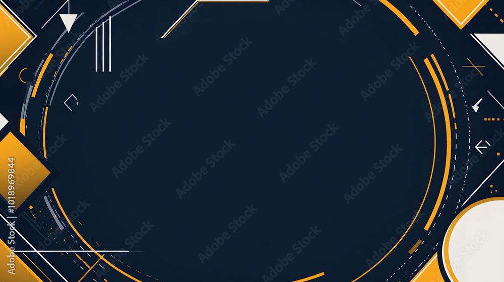 Poster blue and yellow background design with a blank white circle for text, arrows around the edge of the 