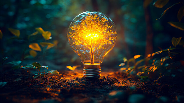 A green tree grows out of a bulb as an eco concept. Generative AI