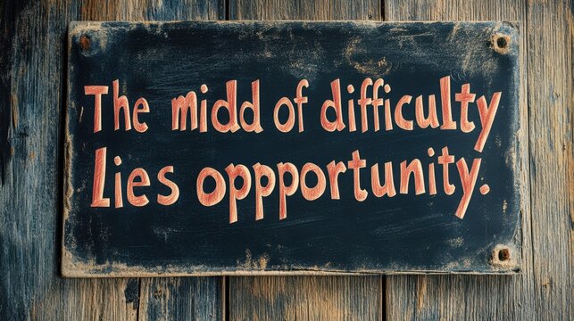 Vintage sign with motivational typo reads: 'The midd of difficulty Lies oppportunity.'