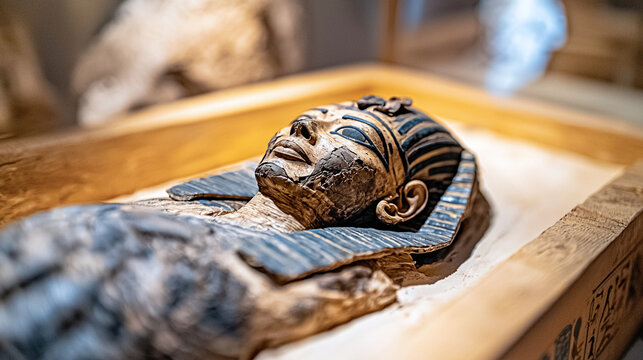 close-up of a mummified pharaoh, resting in a dimly lit, ceremonial room adorned with hieroglyphs