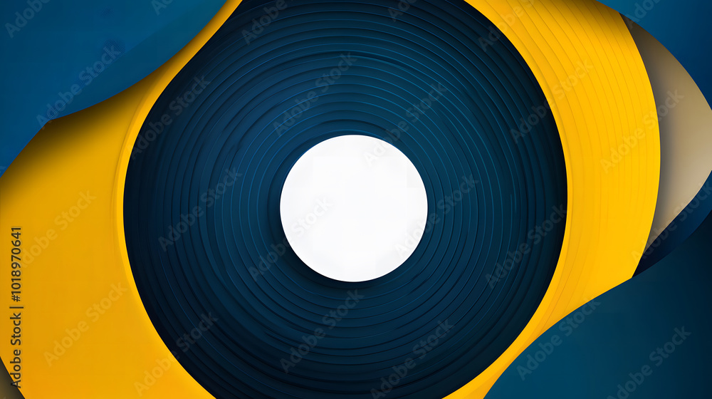 Poster blue and yellow background design with a blank white circle for text, arrows around the edge of the 