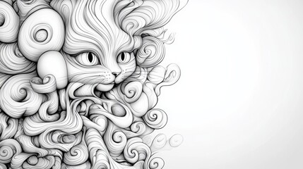 A drawing of a cat with swirls and curls, AI