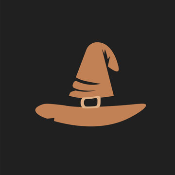 Orange whitch hat silhouette on black background. Flat vector sign.. Fairy tale, Halloween symbol