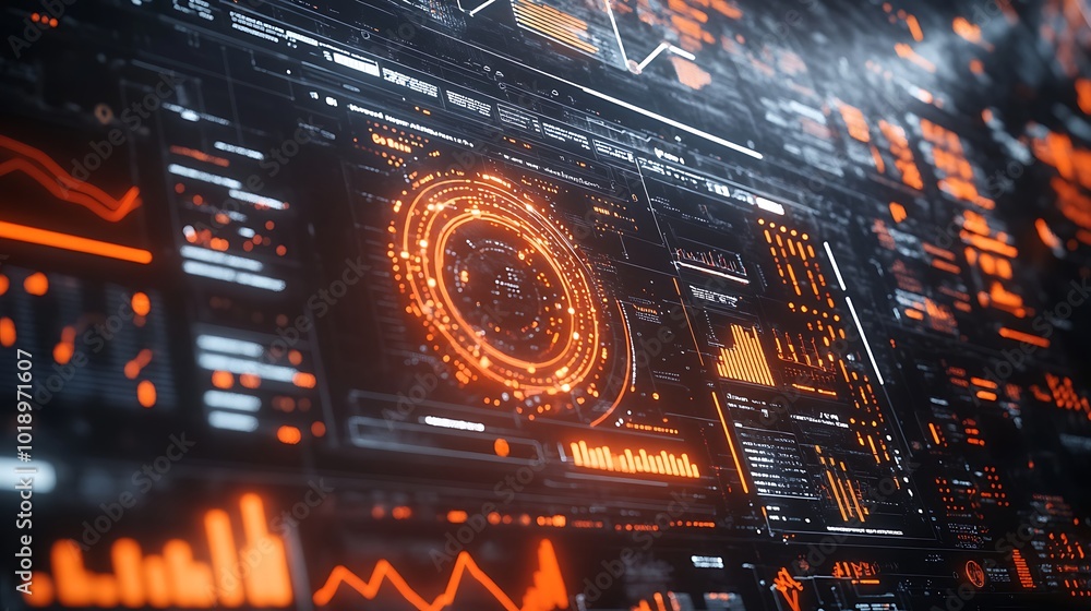 Poster Futuristic digital interface with glowing orange data and a circular element in the center.