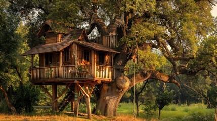 Large treehouse with bridge and ladder in a wooded area, built around a sturdy tree.