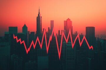 Fototapeta premium Digital Chart Overlaying Urban Cityscape at Sunset