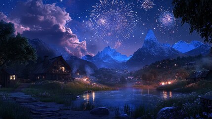 A serene mountain landscape at night, illuminated by fireworks, featuring a calm lake and cozy cottages.