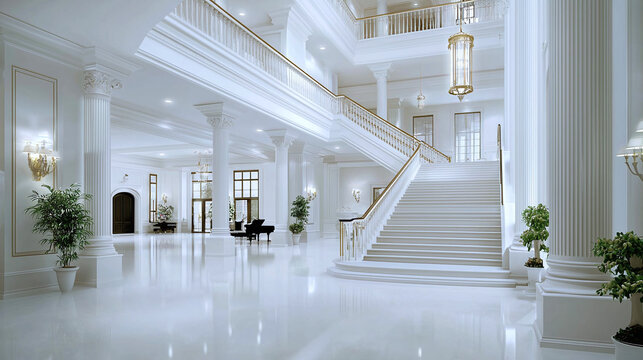 a clean, white courthouse interior with elegant columns, subtly lit for a classic yet modern look
