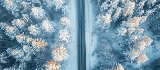 Aerial Perspective of a Road Cutting Through a Snowy Forest