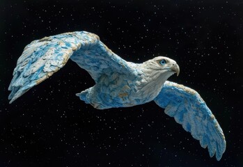 A soaring blue bird gliding through a starry sky