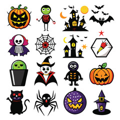 Halloween Cartoon Characters and Icons Set