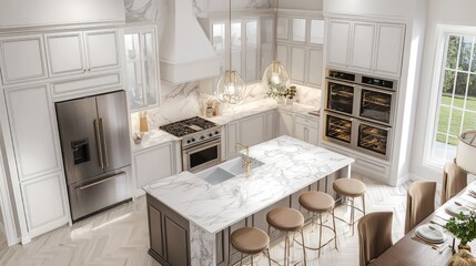 Luxury kitchen isometric 3D render with marble countertops and high-end appliances, custom cabinetry, floor plan on white.