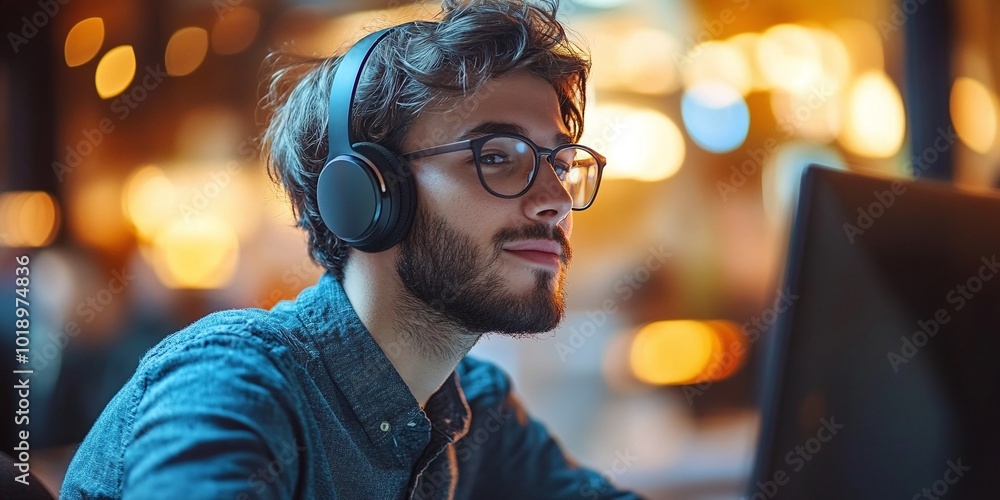 Poster man in customer service working at a computer with a headset, managing calls and offering profession