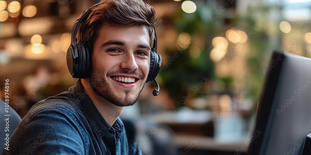 Poster man in customer service working at a computer with a headset, managing calls and offering profession