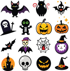 Cute Halloween Icons Collection Bats Pumpkins Witches