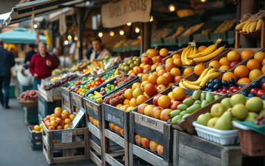 Wooden boxes with colorful fruits and vegetables on a street market counter.