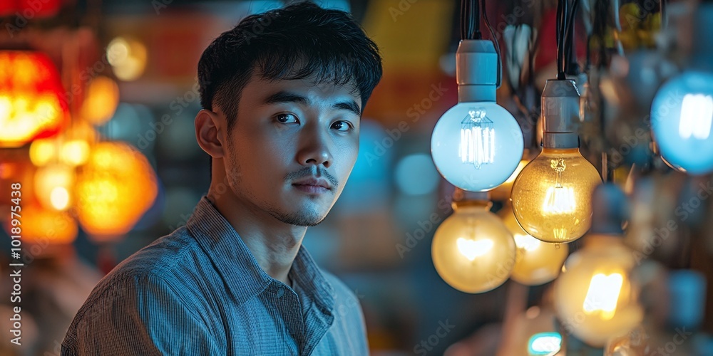 Poster lighting concept using leds and cfl bulbs with an asian man replacing the bulbs, emphasizing modern 