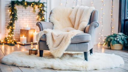 Comfortable armchair with soft fur blanket in cozy living room decorated for winter
