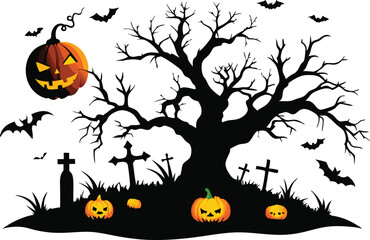 Spooky Halloween Scene with Jack-o'-Lanterns, Bats, and Graveyard