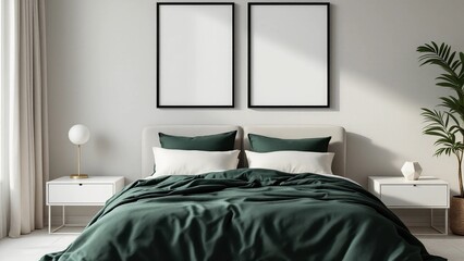 Modern Minimalist Bedroom with Dark Green Bedding
