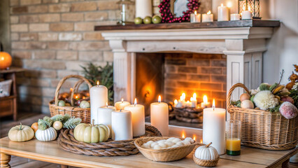 Fototapeta premium Rustic fireplace with candles and autumn decor for cozy home warmth