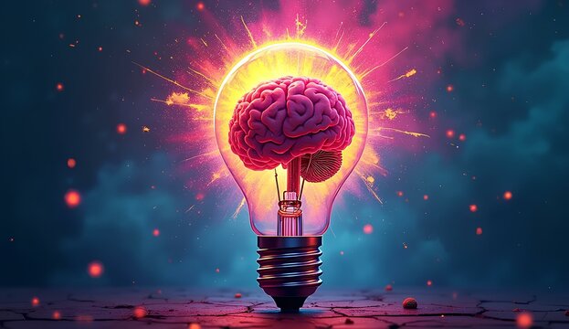 Light Bulb with Vibrant Human Brain Glowing Inside, Neon Colors Exploding on Abstract Background, Symbol of Creativity, Innovation and Bright Ideas. light bulb concept.