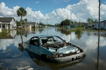The aftermath of a severe tropical storm with floods and destroyed property. Generative ai