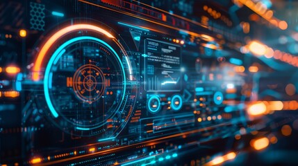 Minimalist sci fi hud interface design with blue light lines and blurred digital background