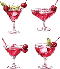 cocktail set with cherries, vector set