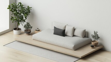 Minimalist living room isometric 3D render with a low-profile couch and minimal decor, presented in a floor plan on a white background.