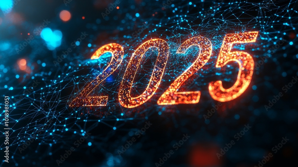 Poster a vibrant digital representation of the year 2025, featuring glowing numbers amidst a network of int