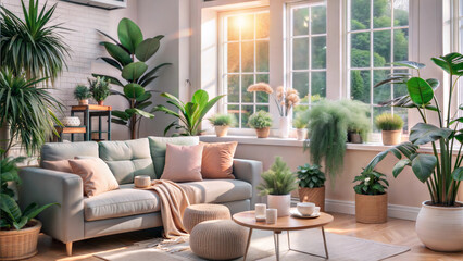 Fototapeta premium Sunlit living room with comfortable seating, green plants, and wooden coffee table by large windows