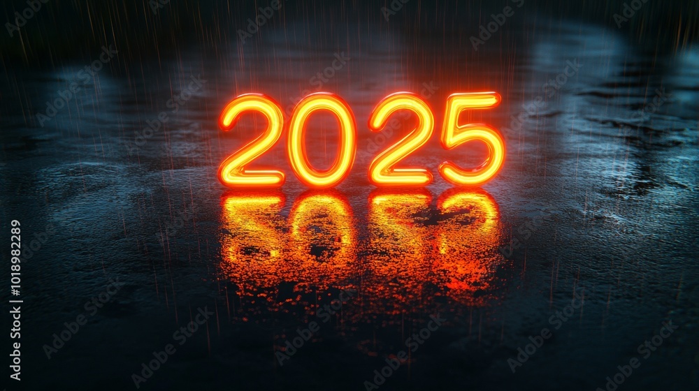 Aufkleber a glowing neon display of the year 2025 reflected on a wet surface, creating a vibrant and futuristi
