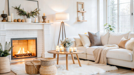 Cozy living room with fireplace, white sofa, and wooden coffee table in bright modern interior