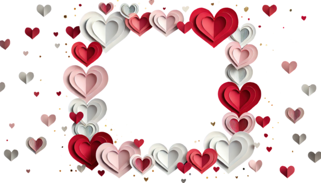 Layered Paper Hearts Frame in Red, Pink, and White on a Transparent Background for Valentine's Day