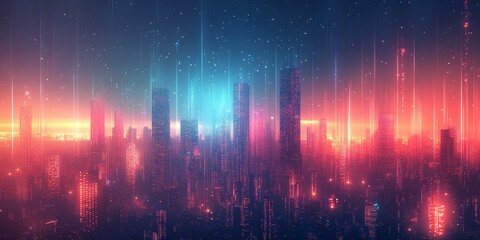 Obraz premium modern smart city at night with abstract glowing light trails in blue and red, showcasing big data technology and advanced digital infrastructure for a futuristic urban environment