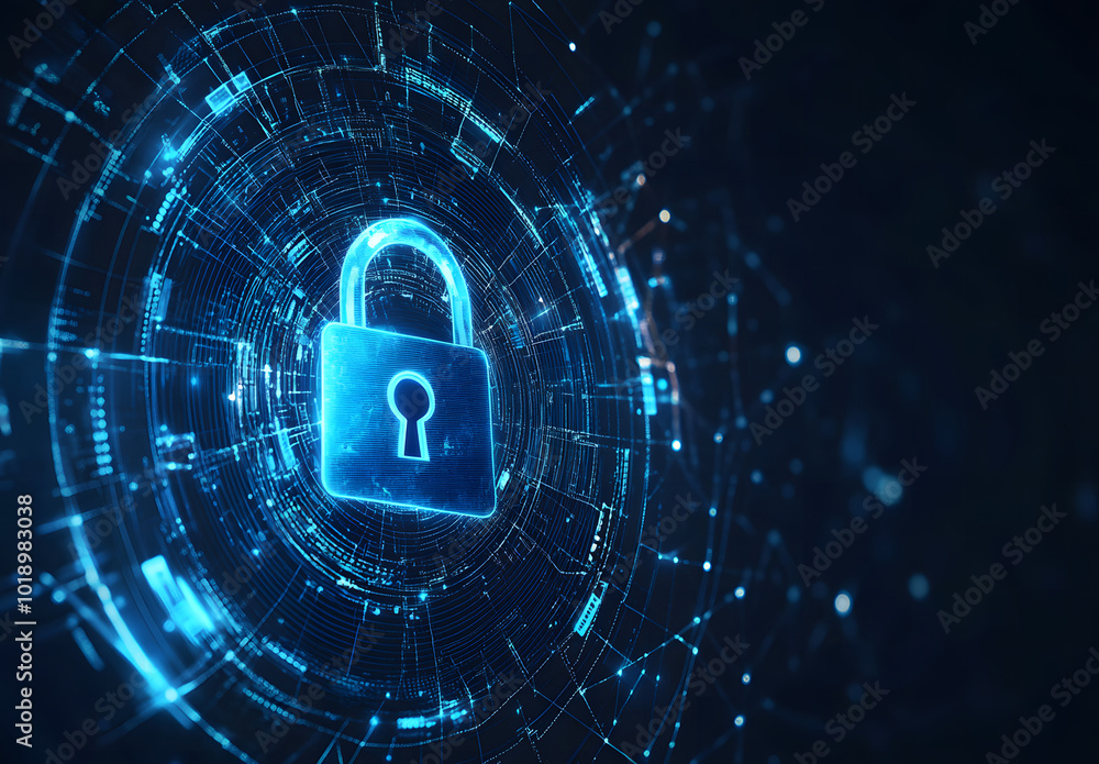Poster blue digital background with a padlock symbol and binary code for a security concept vector illustra