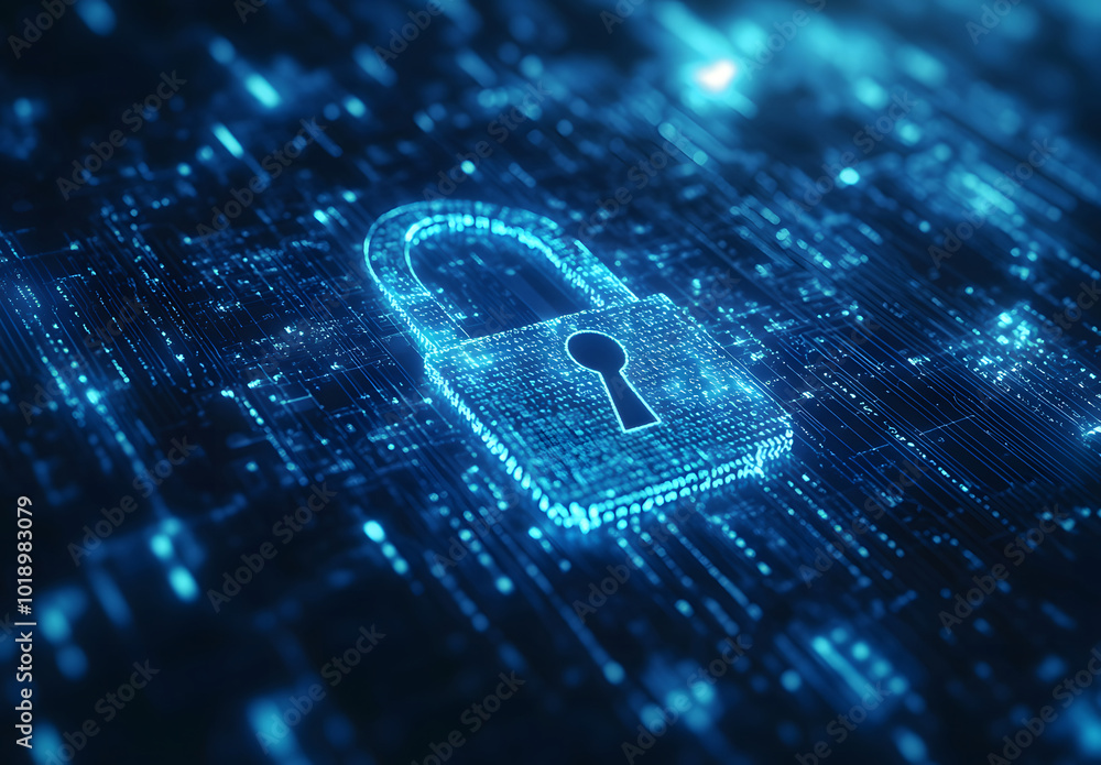 Poster blue digital background with a padlock symbol and binary code for a security concept vector illustra
