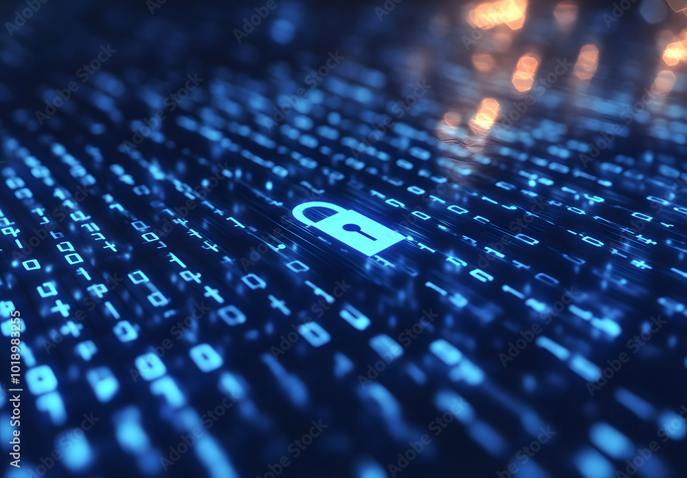 Poster blue digital background with a padlock symbol and binary code for a security concept vector illustra