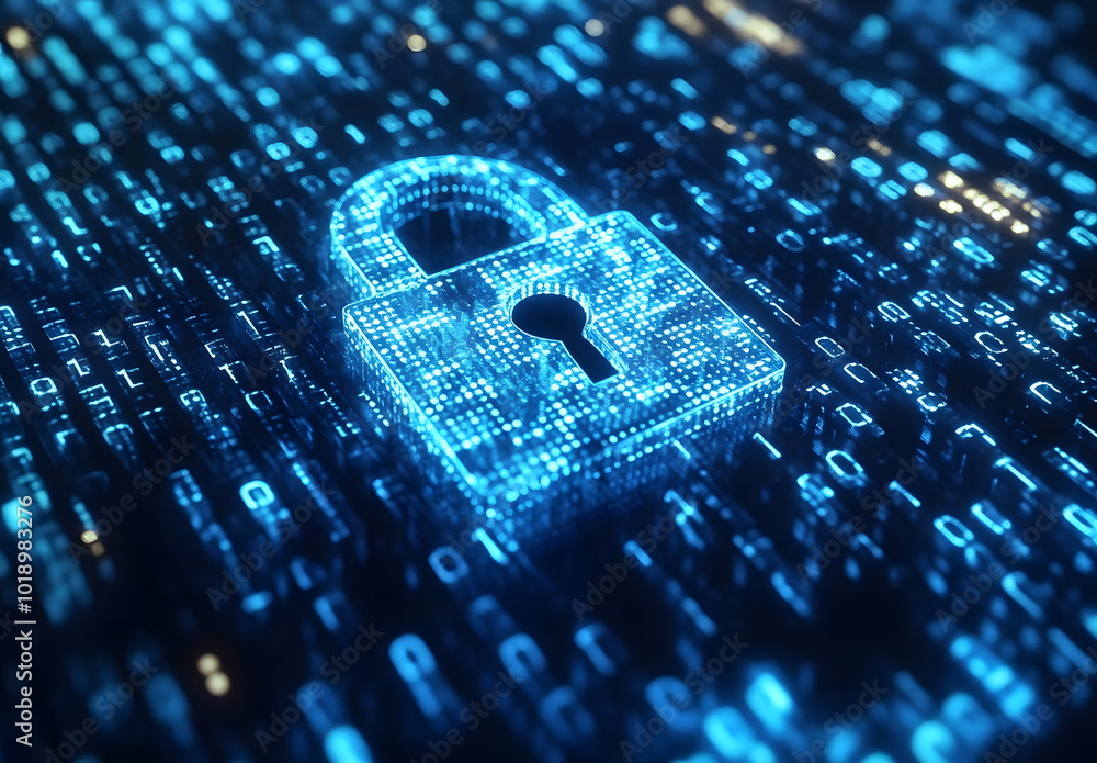 Poster blue digital background with a padlock symbol and binary code for a security concept vector illustra