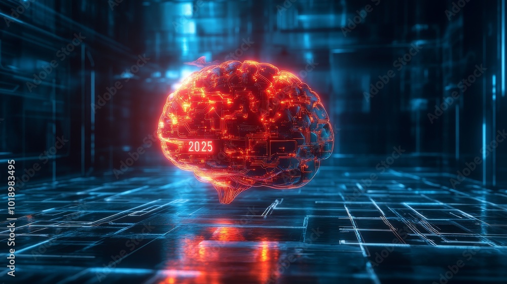 Poster a digital representation of a glowing brain with the year 2025, symbolizing futuristic concepts in t