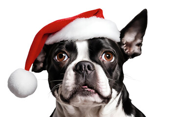 Boston Terrier Wearing a Festive Christmas Hat on a White Background