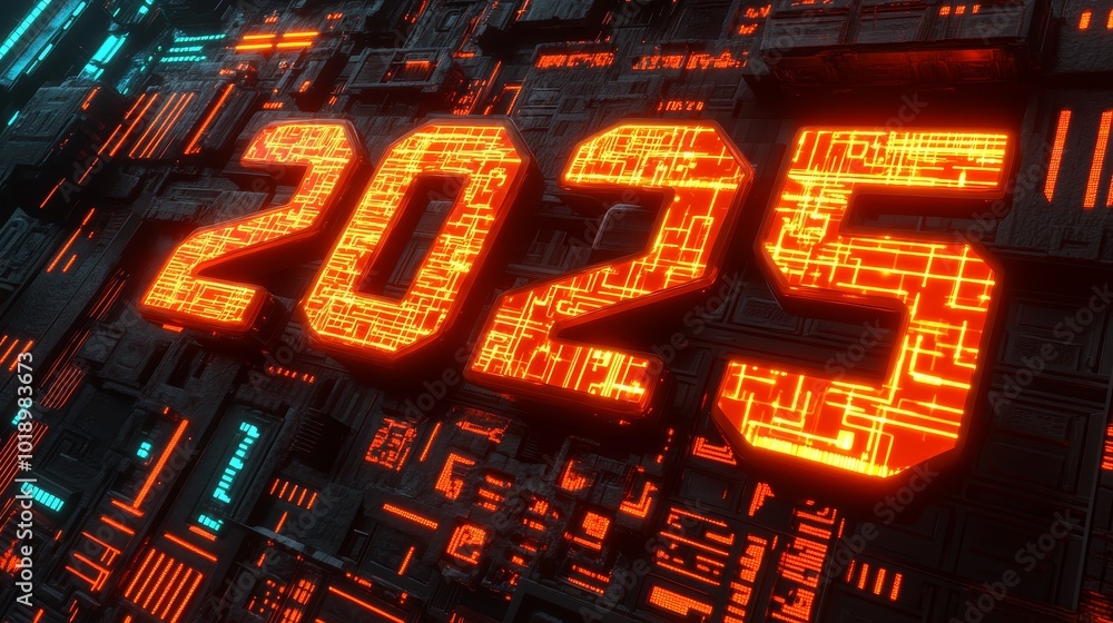 Poster a futuristic digital representation of the year 2025, featuring glowing numbers and circuit-like pat