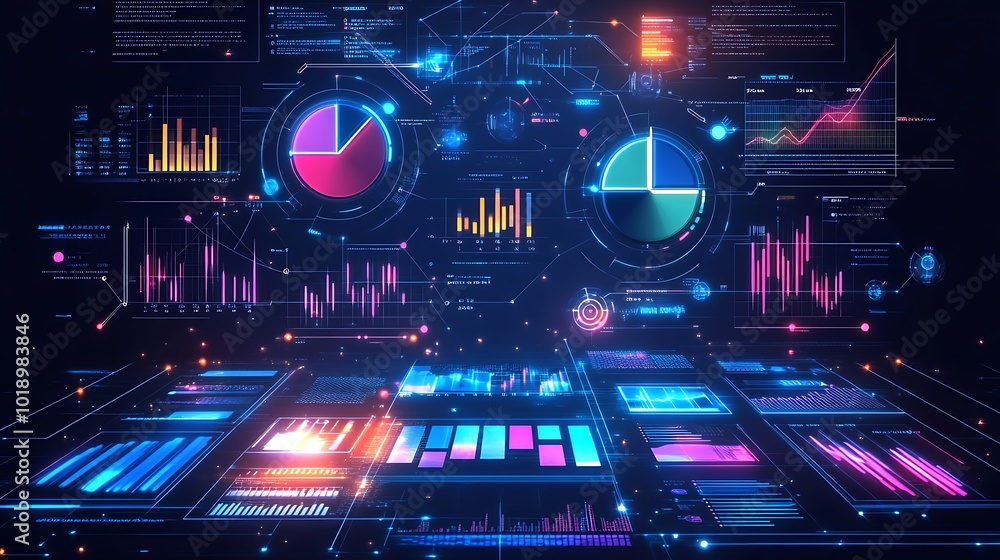Aufkleber a futuristic digital dashboard with glowing data visualizations, charts, and graphs.
