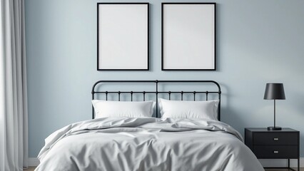 Elegant Bedroom with Black Metal Bed Frame and Minimalist Decor
